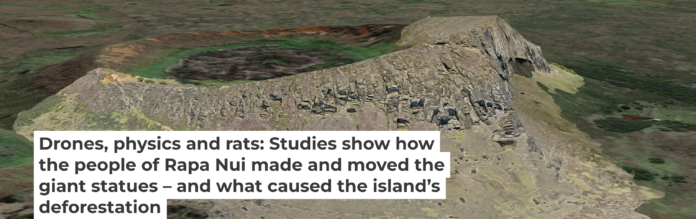 Scientists used drones to produce this 3D model of Rano Raraku, the volcanic crater where 95% of Rapa Nui’s giant statues were carved. Lipo et al., 2025, PLOS One, CC BY